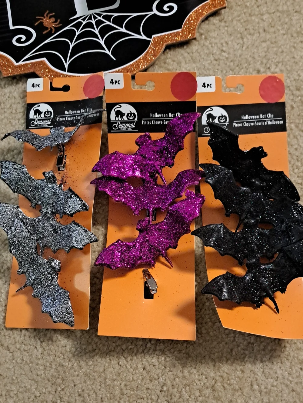 Halloween Glitter Bat Clips - Purple, Black, Silver - 3pk